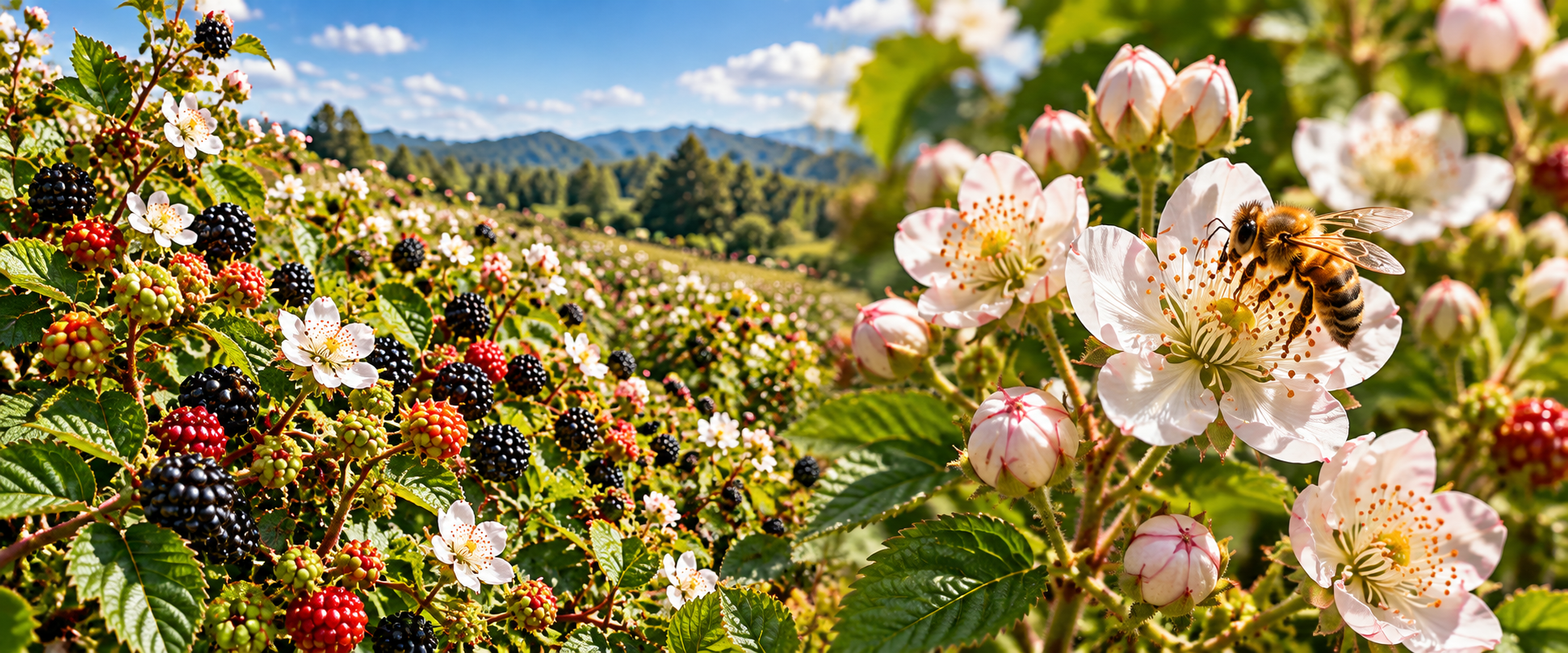 A flowering blackberry field beside a close view of blackberry blossoms and a visiting honey bee