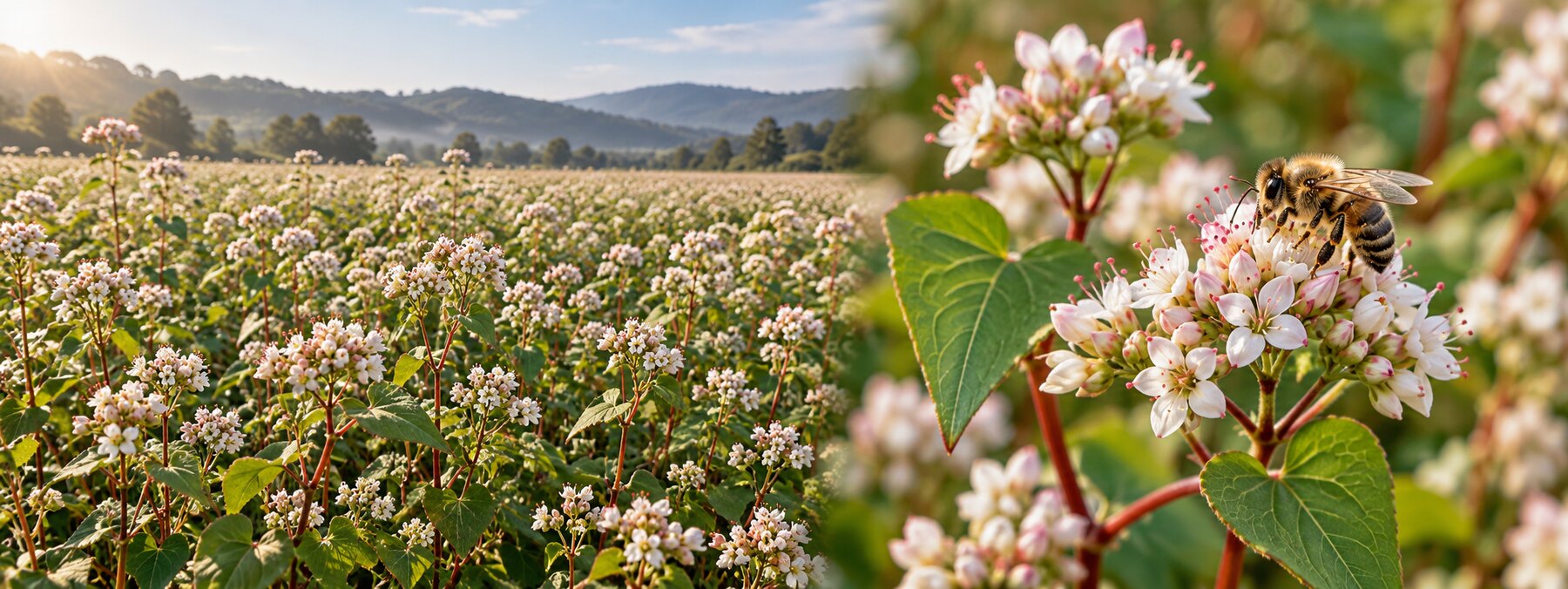 A farm field of flowering buckwheat beside a close view of buckwheat flowers and a honey bee