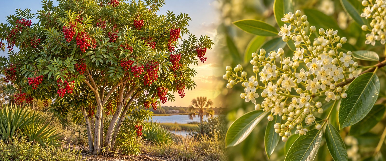 A Brazilian pepper shrub or small tree with red berries beside a close view of its white flowers