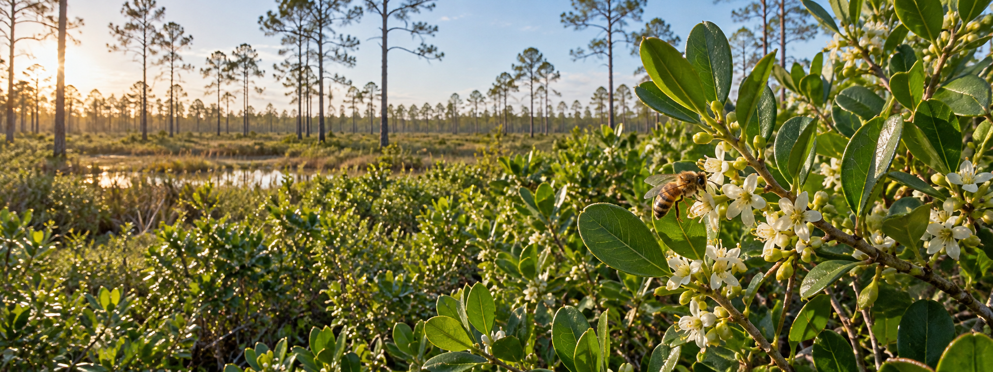 Gallberry shrubs growing in Florida pine flatwoods beside a close view of small white blossoms and a visiting honey bee