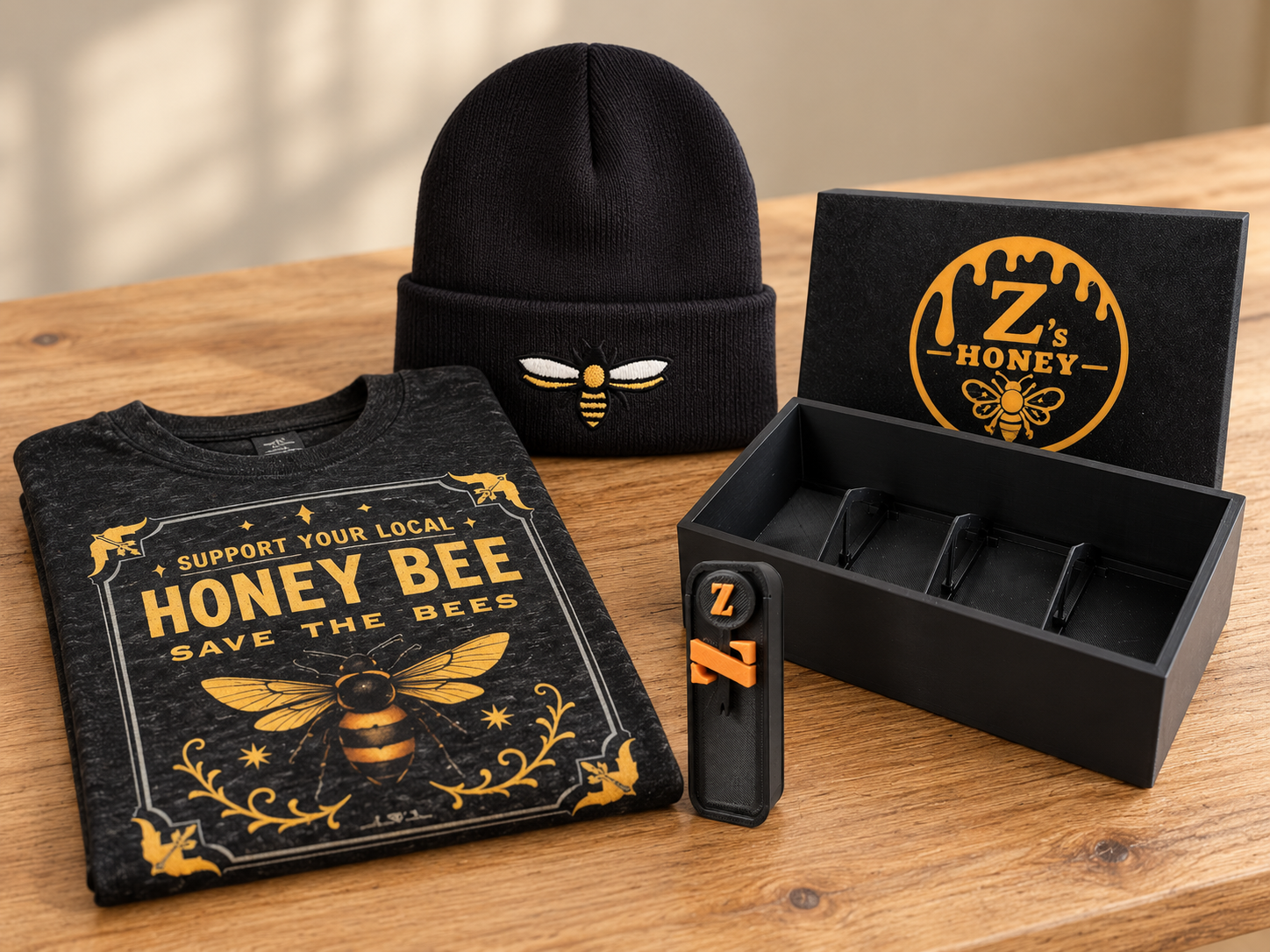 A collection of honey and bee related accessories