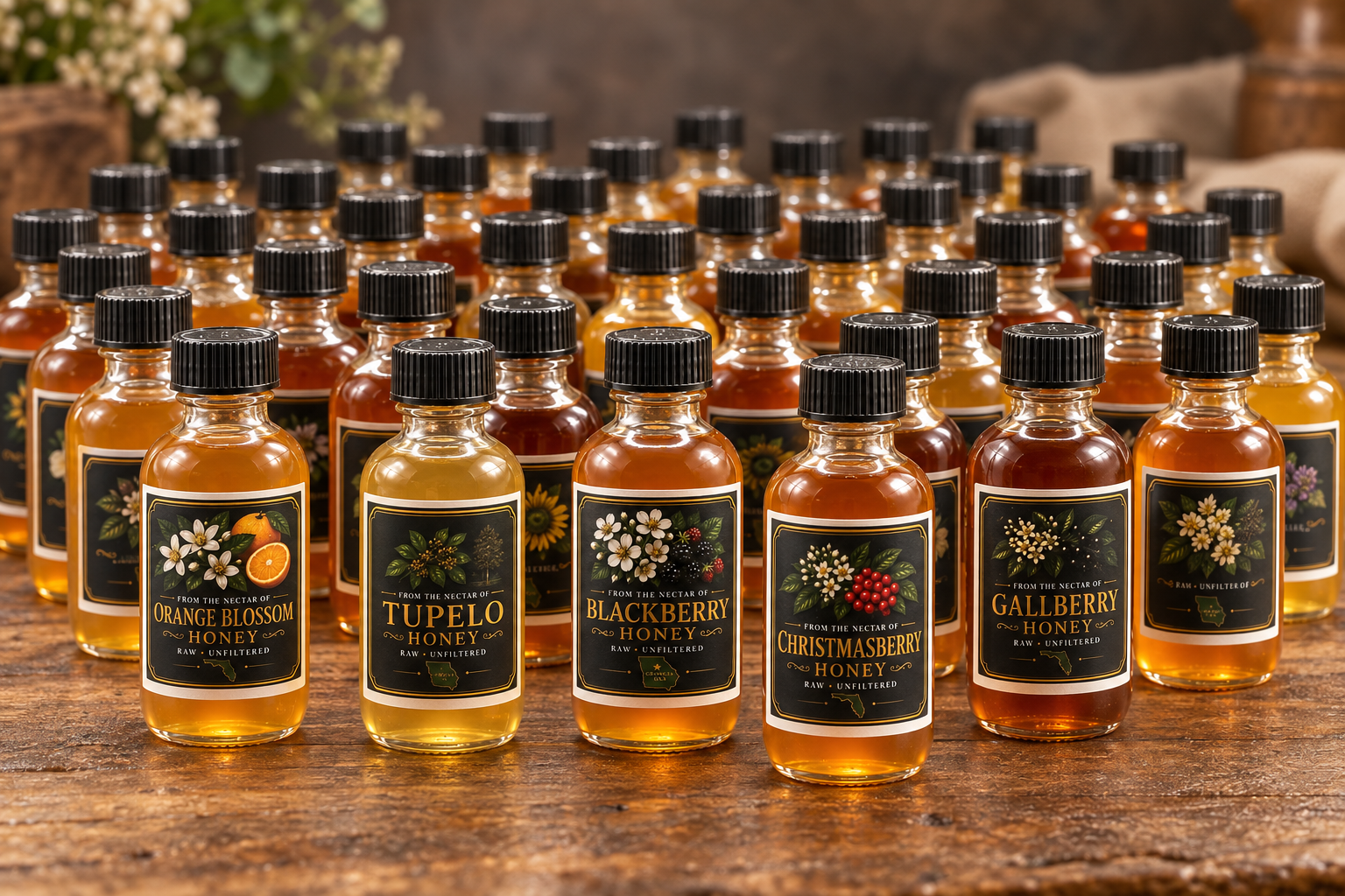 A large collection of honey bottles in many colors and flavors