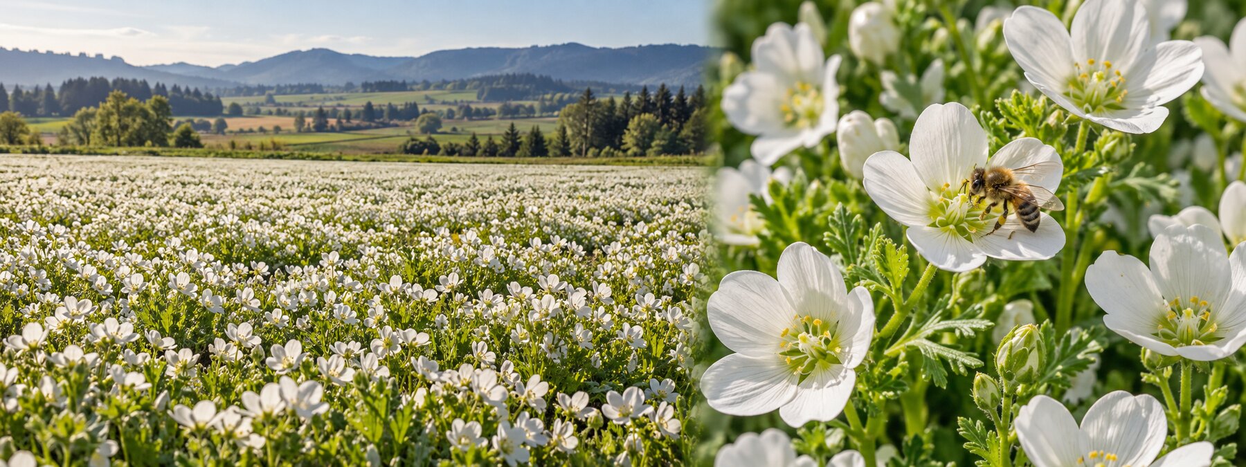 A field of white Meadowfoam flowers beside a close view of the blossoms and a visiting honey bee