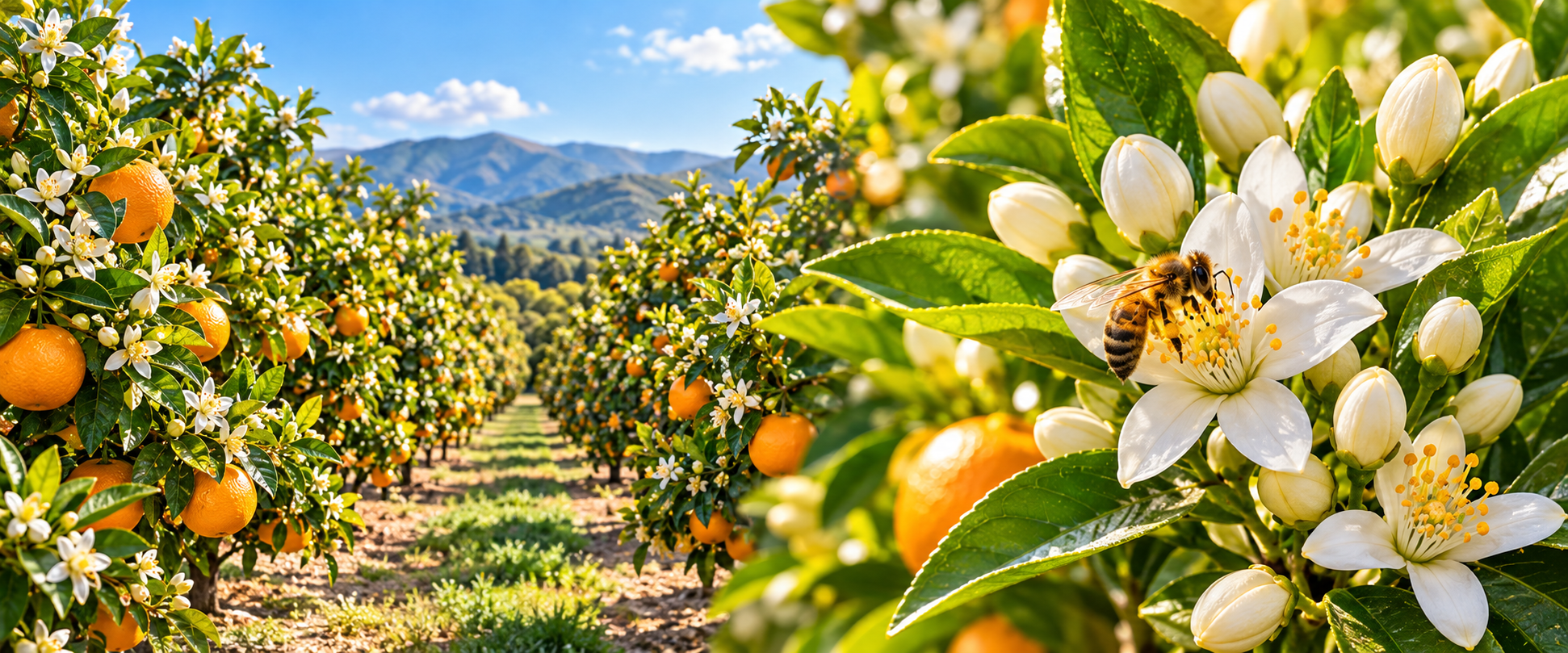 A flowering orange grove beside a close view of orange blossoms and a visiting honey bee