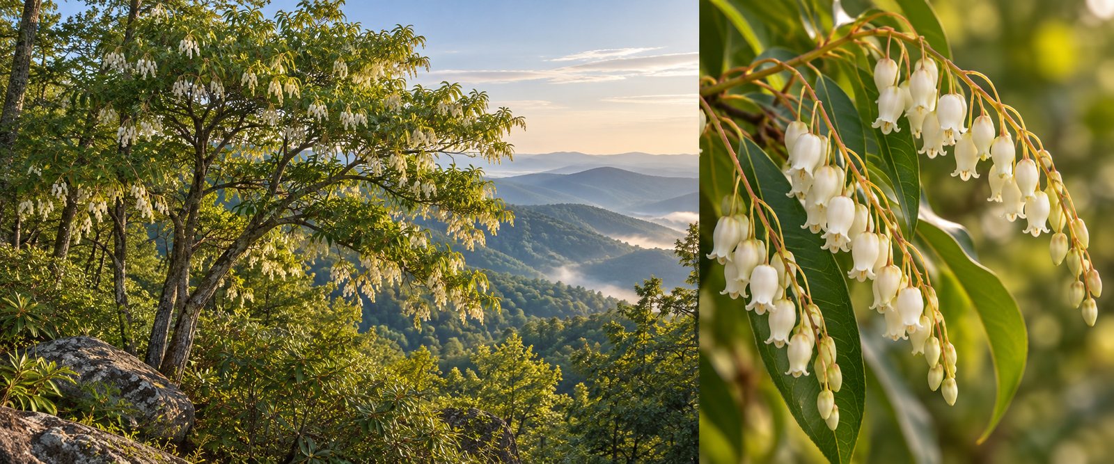 A Sourwood tree in the Appalachian Mountains beside a close view of white Sourwood blossoms