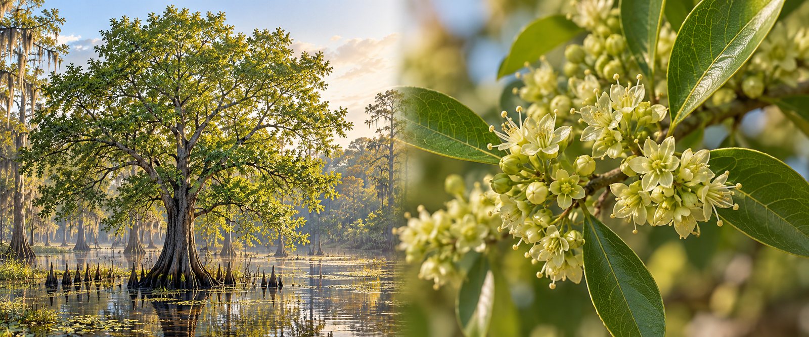 A White Tupelo tree in a wetland beside a close view of Tupelo blossoms