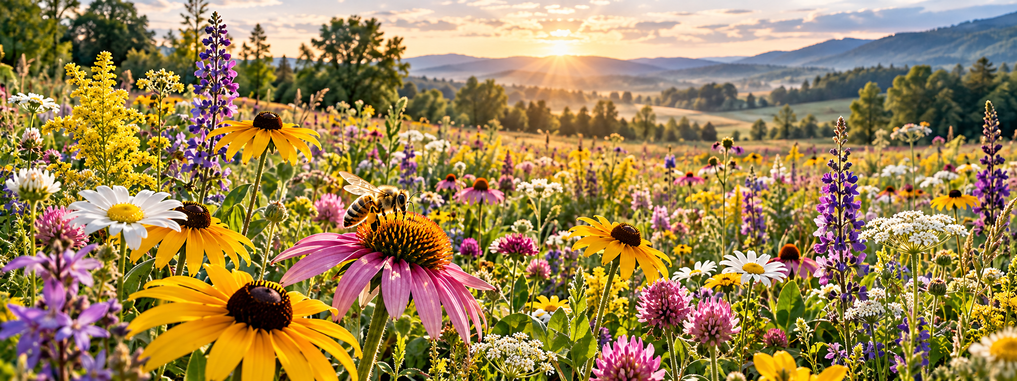 A colorful wildflower meadow at sunrise with a honey bee visiting a purple coneflower