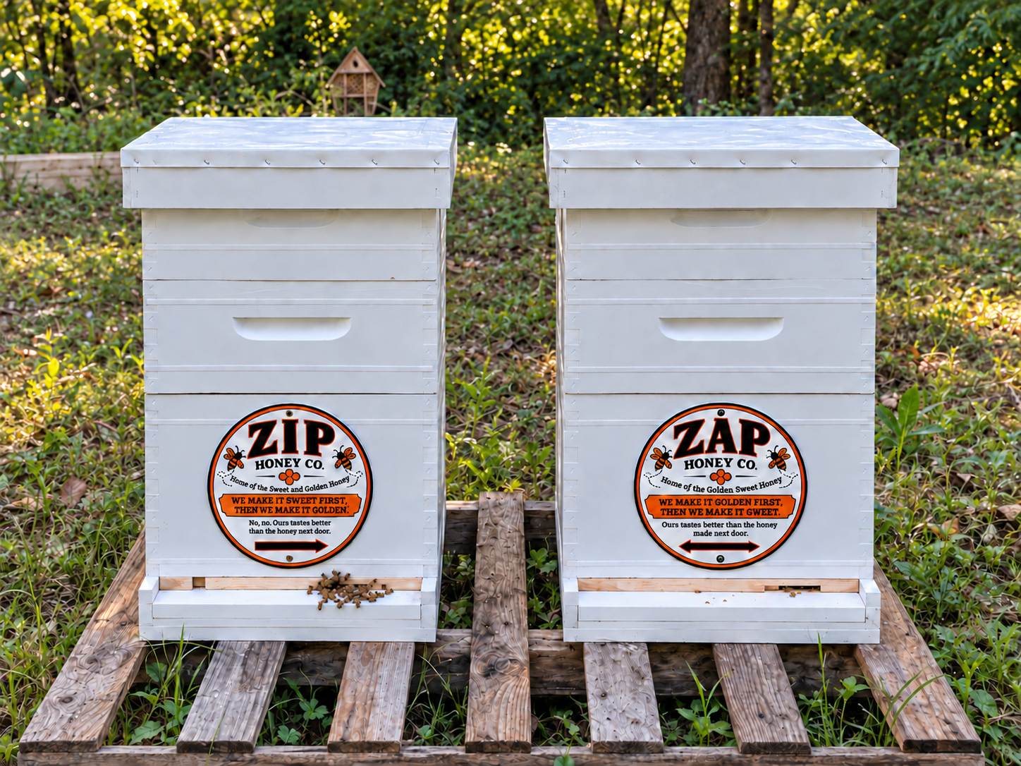 Zip and Zap, our two backyard honeybee hives
