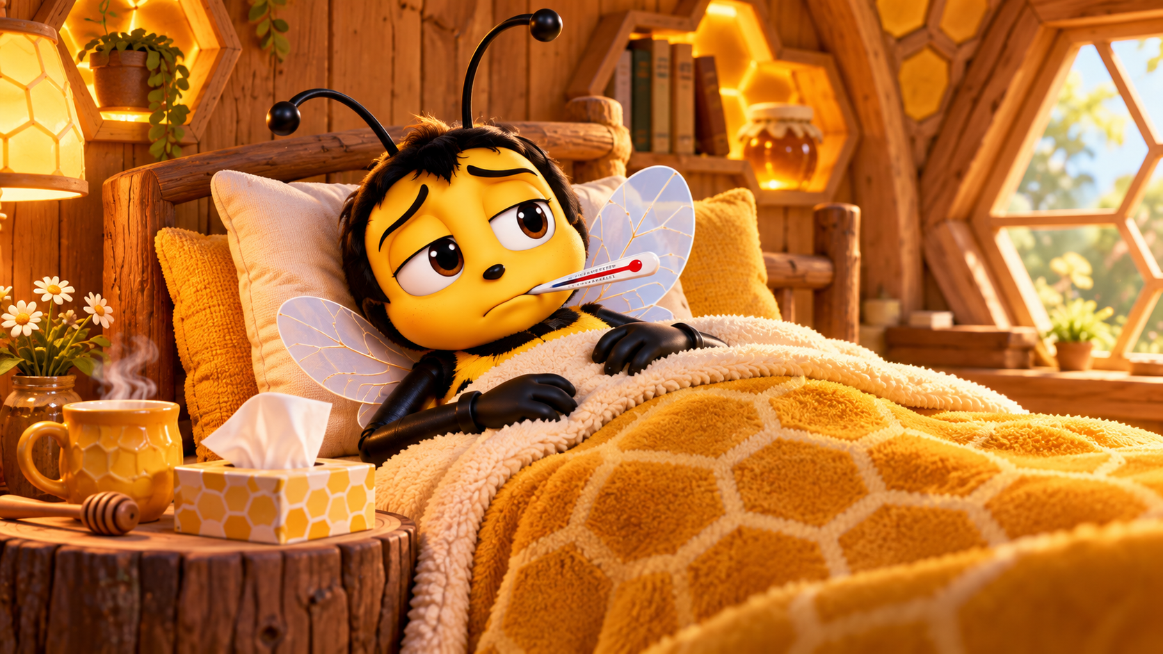 Zipper the bee resting in bed with a thermometer